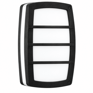 A rectangular LED wall light with a black frame and white diffuser, featuring horizontal lines across the front.