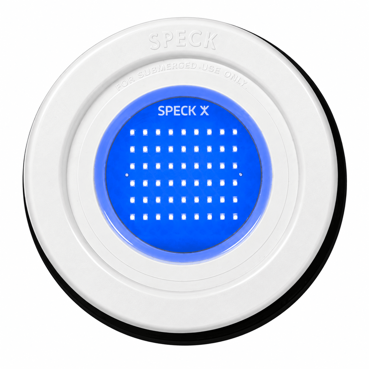 Round LED pool light with a white outer ring, blue center, and a grid of small white lights.