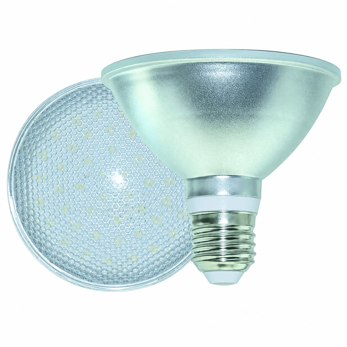 A blue 9W PAR30 LED bulb with a reflective silver finish and a textured lens, positioned against a white background.