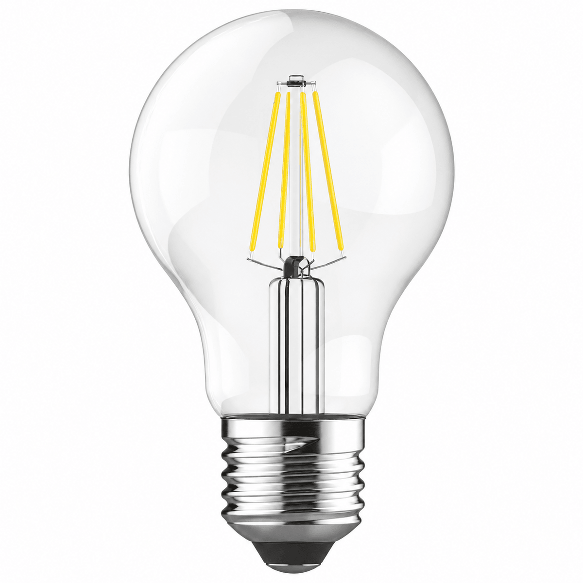 A clear glass LED bulb with a chrome base and four yellow filaments, displayed against a white background.