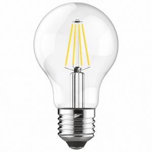 A clear glass LED bulb with a chrome base and four yellow filaments, displayed against a white background.