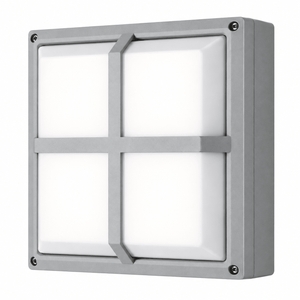 Square LED bulkhead light with a gray metal frame and white diffuser, featuring a grid pattern.