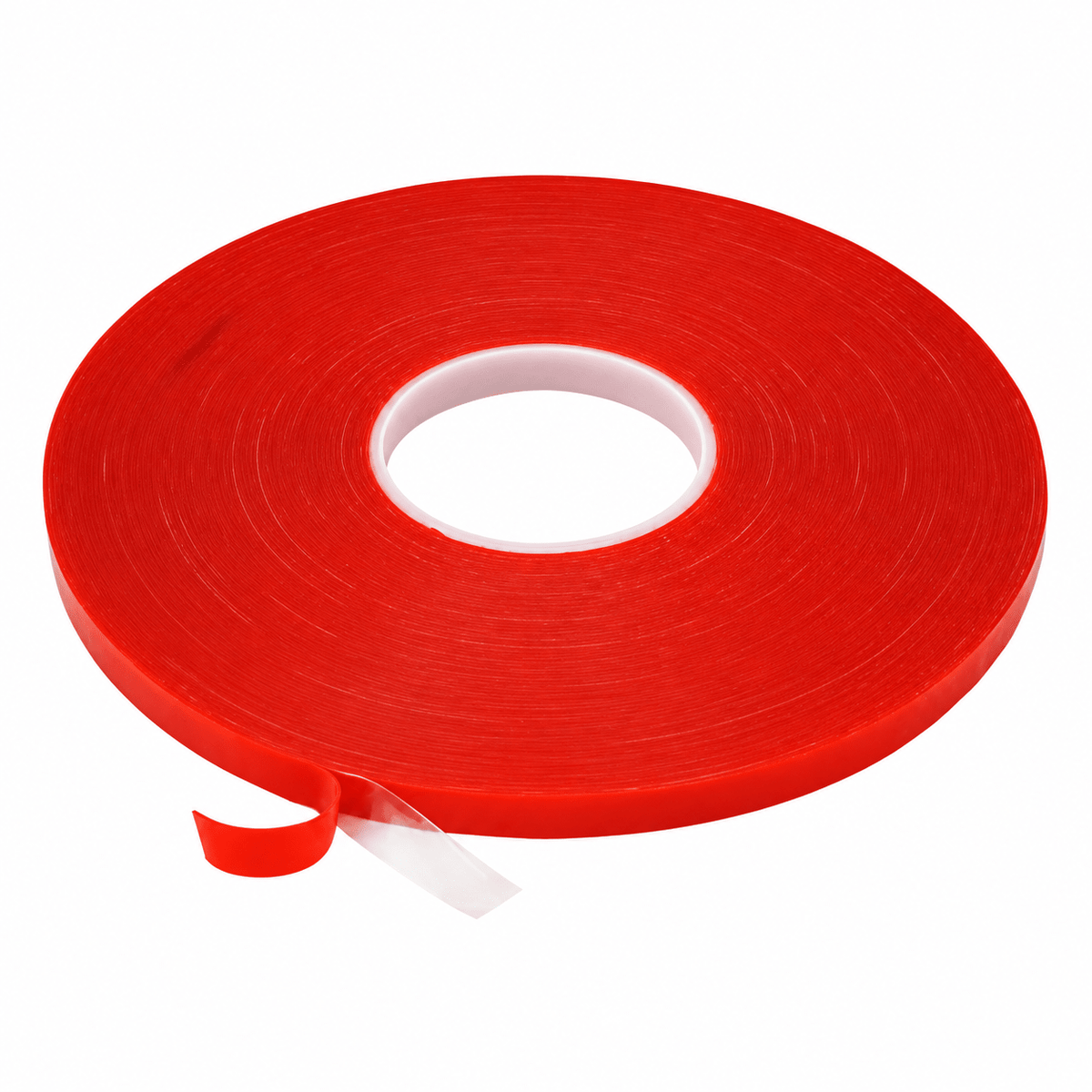 A roll of high-bond double-sided tape, 12mm wide, with a bright red finish and a white core, partially unrolled.