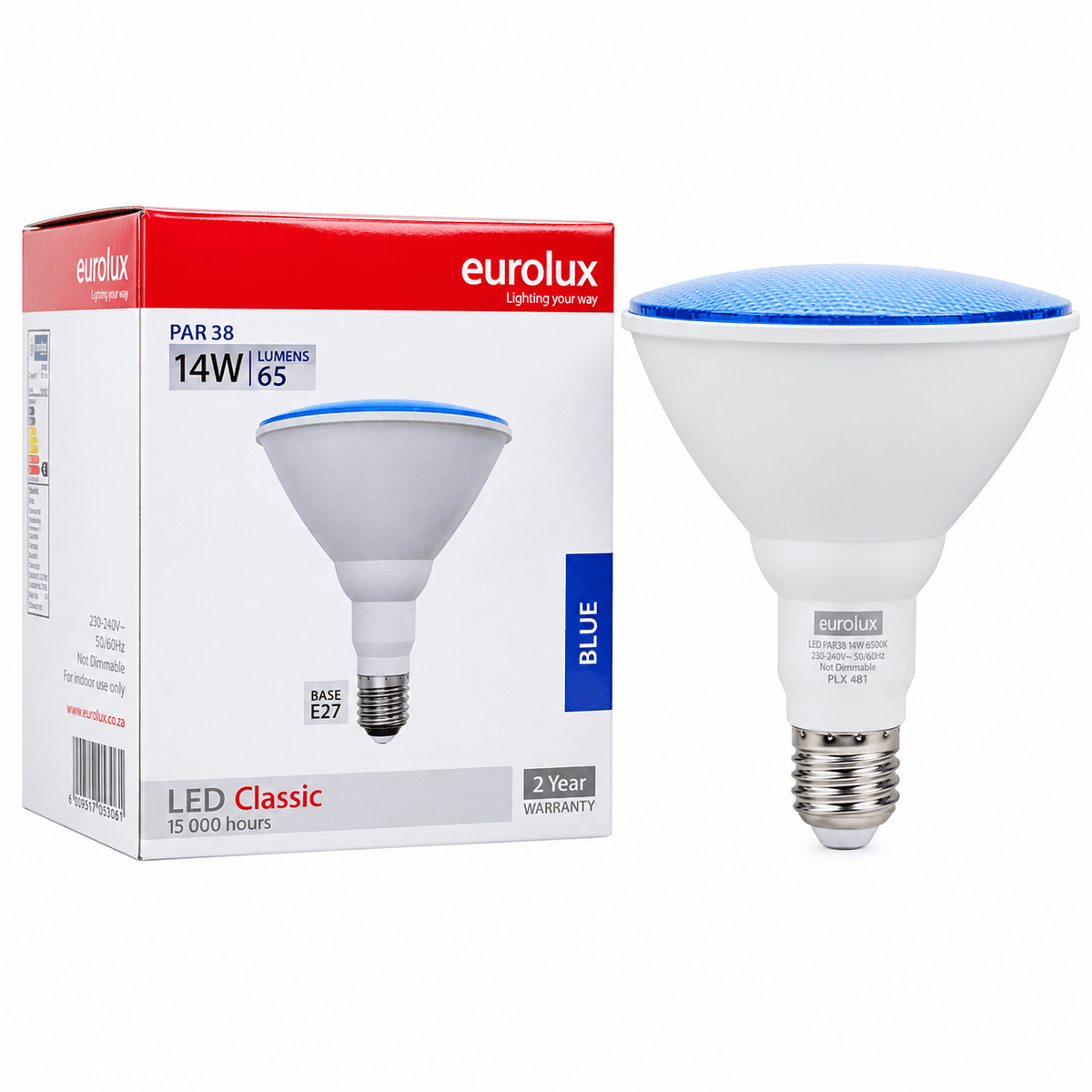 A blue 14W PAR38 LED bulb next to its red and white box, featuring product details and branding.