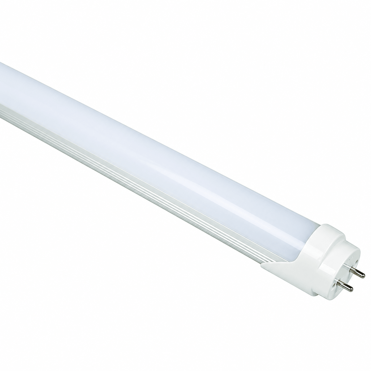 Frosted T8 LED tube light with a white finish and two prong connectors, positioned diagonally against a white background.