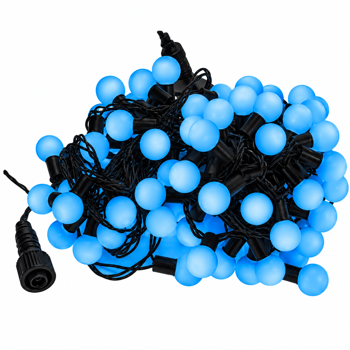 A tangled arrangement of blue LED ball string lights with black connectors and wiring.
