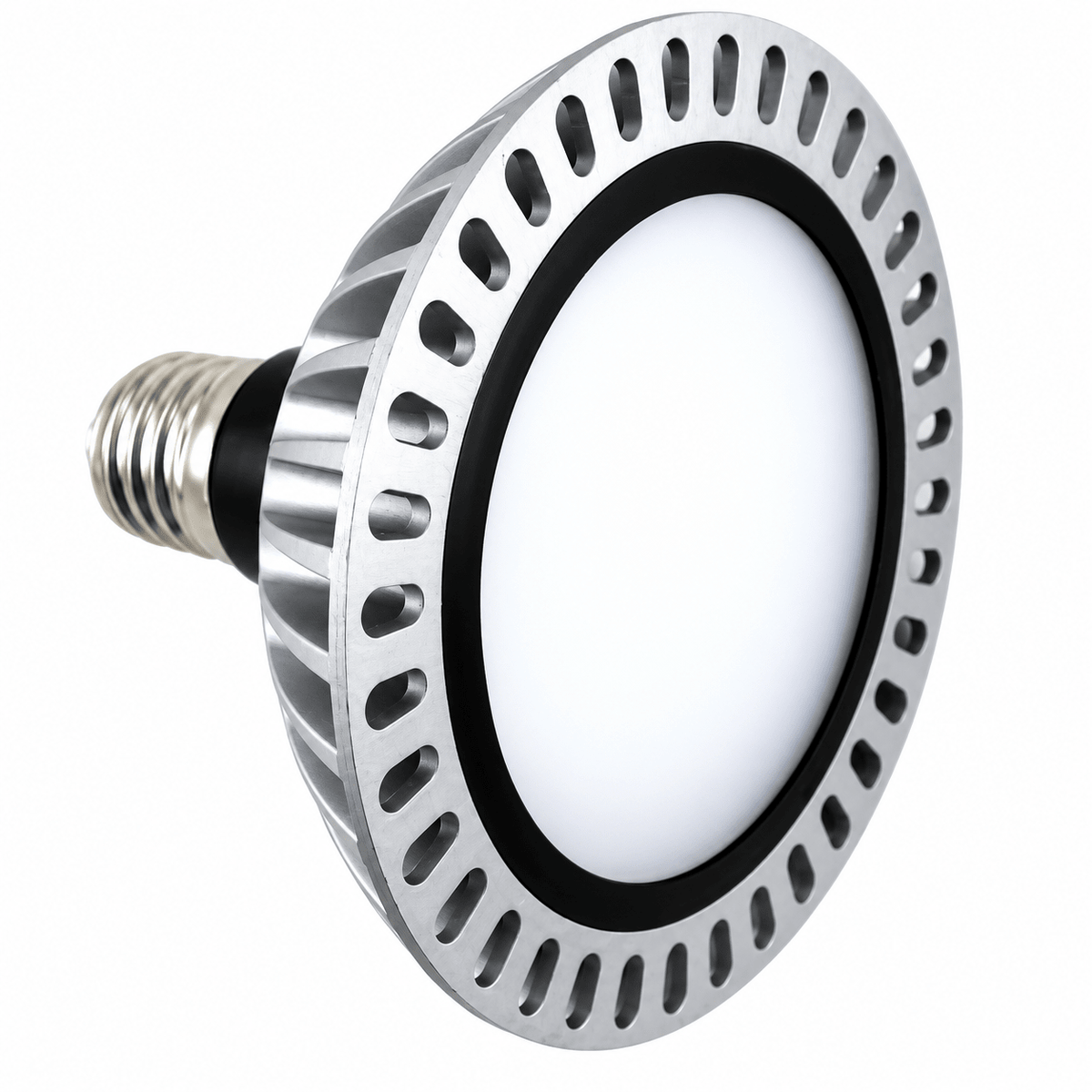 LED PAR56 light bulb with a silver metallic finish, black base, and a white circular lens.
