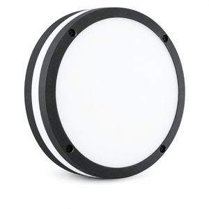 Round LED wall light with a white diffuser and a black circular frame, featuring two mounting holes.