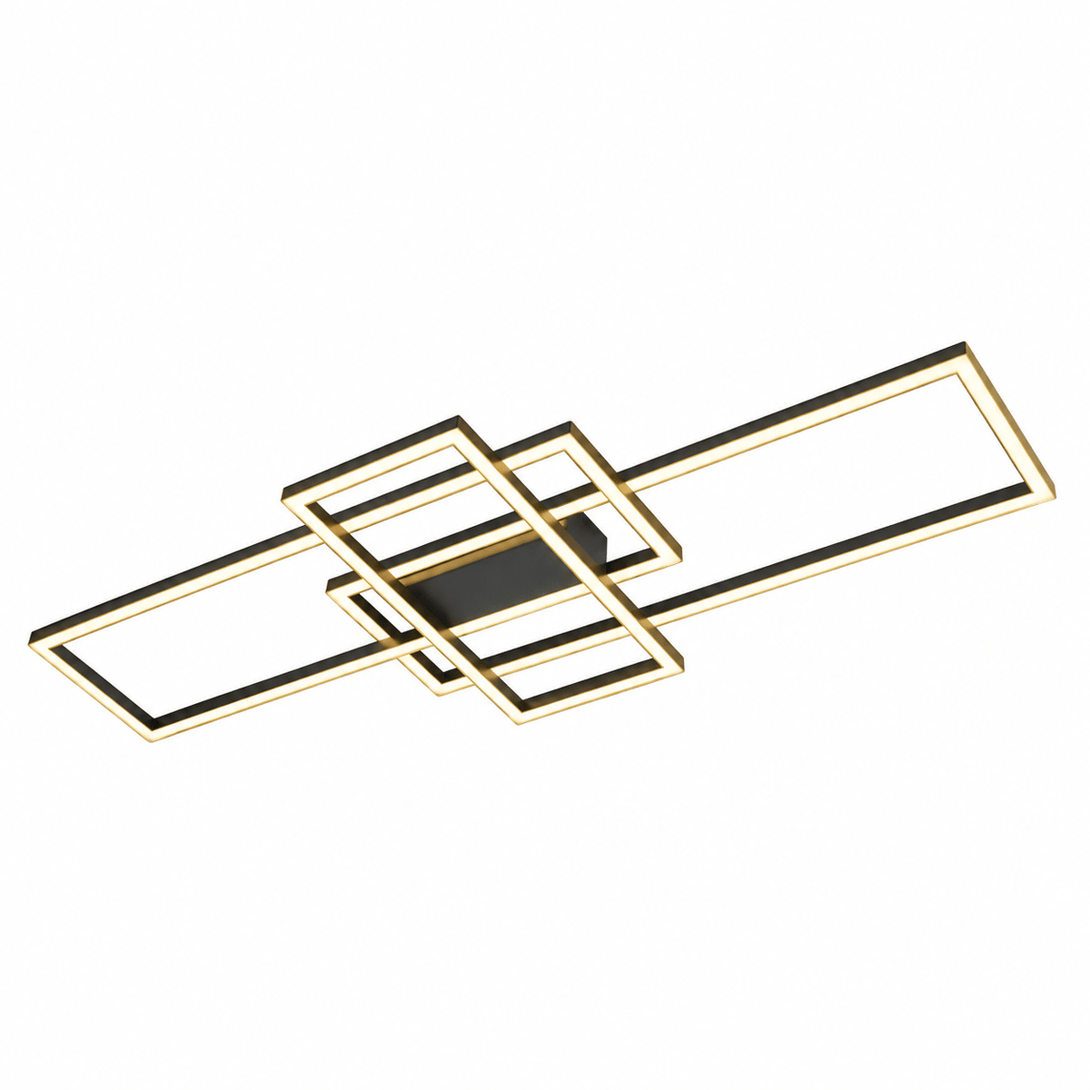 Gold dimmable LED ceiling light with a geometric design, featuring overlapping rectangular frames and a black center.