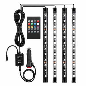 Four black LED strip lights with a remote control and an IR controller, featuring various colored lights.