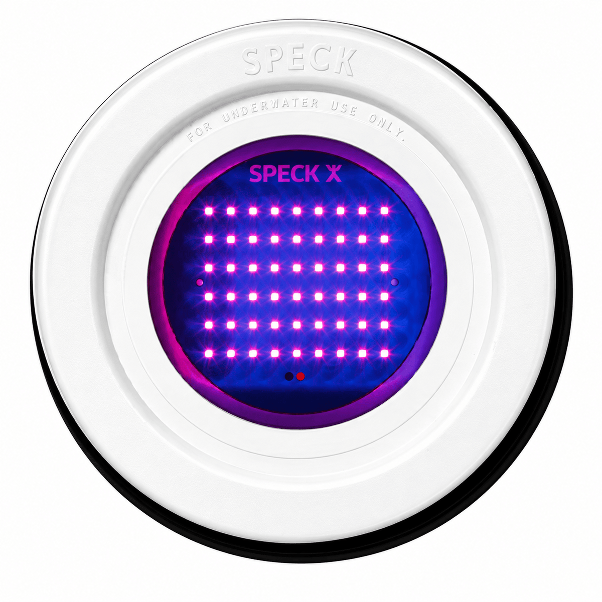 A round LED pool light with a white outer casing and a purple-lit grid of lights in the center.