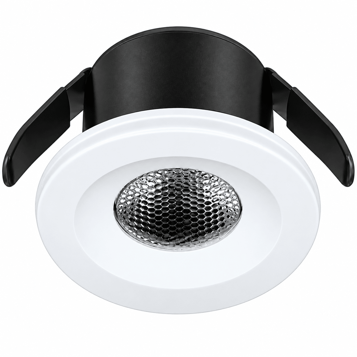 Round LED downlight with a white outer ring, black housing, and a silver honeycomb reflector.