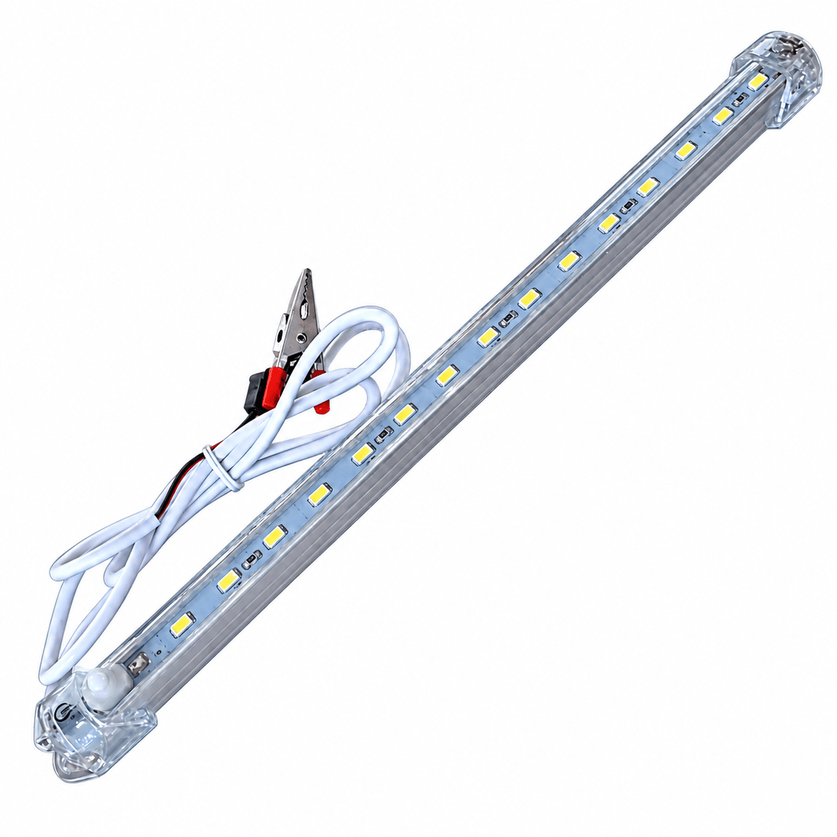 Rigid LED strip in clear casing, 100cm long, with yellow LEDs and a white wire connected to a clip.