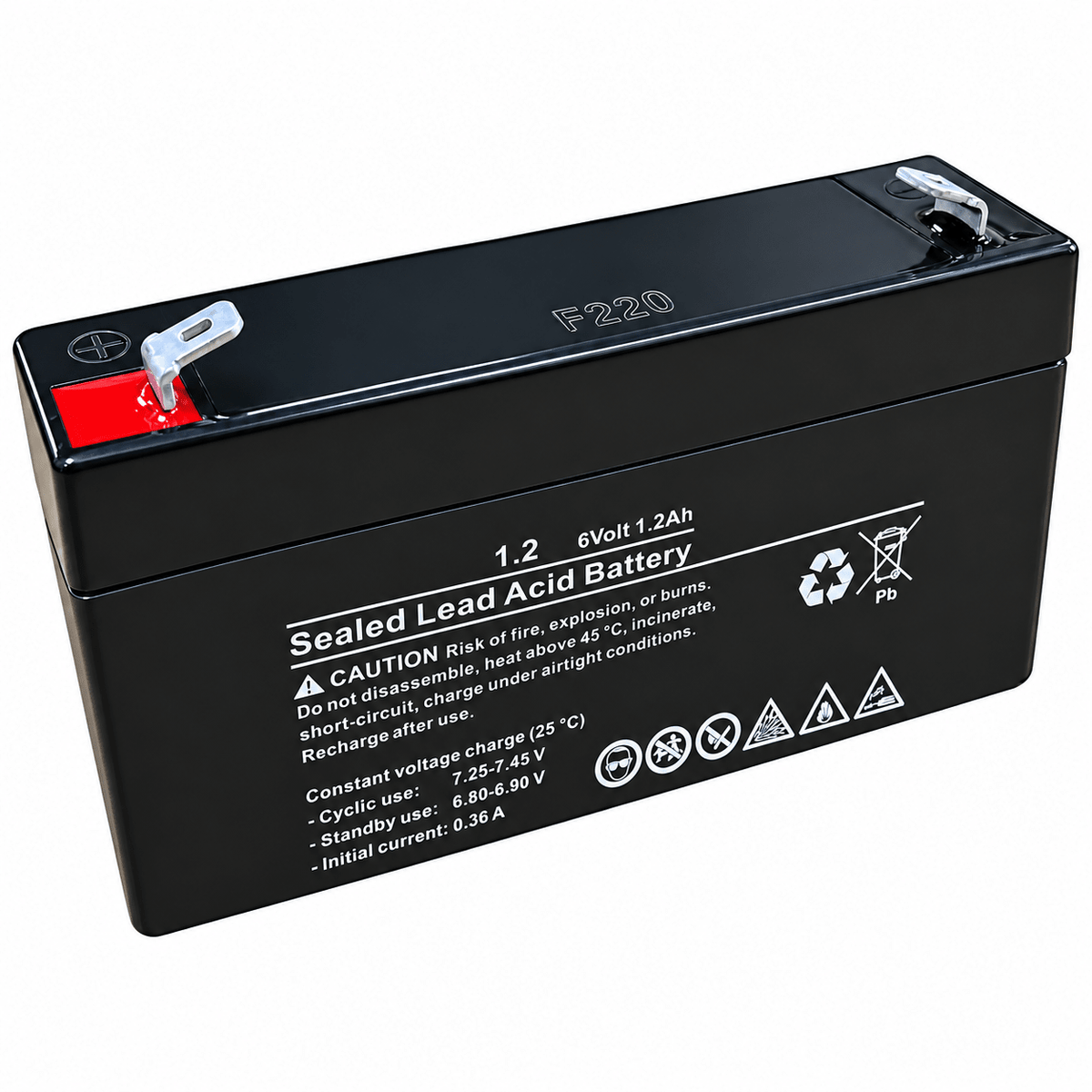 A black sealed lead acid battery with a red terminal, featuring safety warnings and specifications printed on the side.