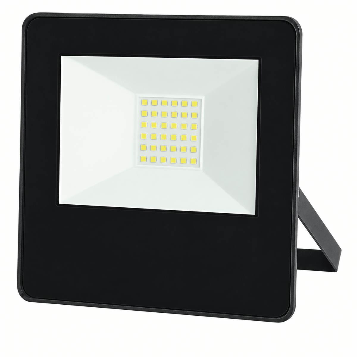 A black LED flood light with a square design, featuring a white lens and a grid of yellow LEDs inside.