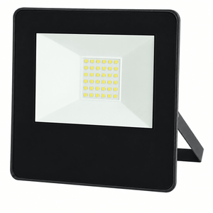 A black LED flood light with a square design, featuring a white lens and a grid of yellow LEDs inside.