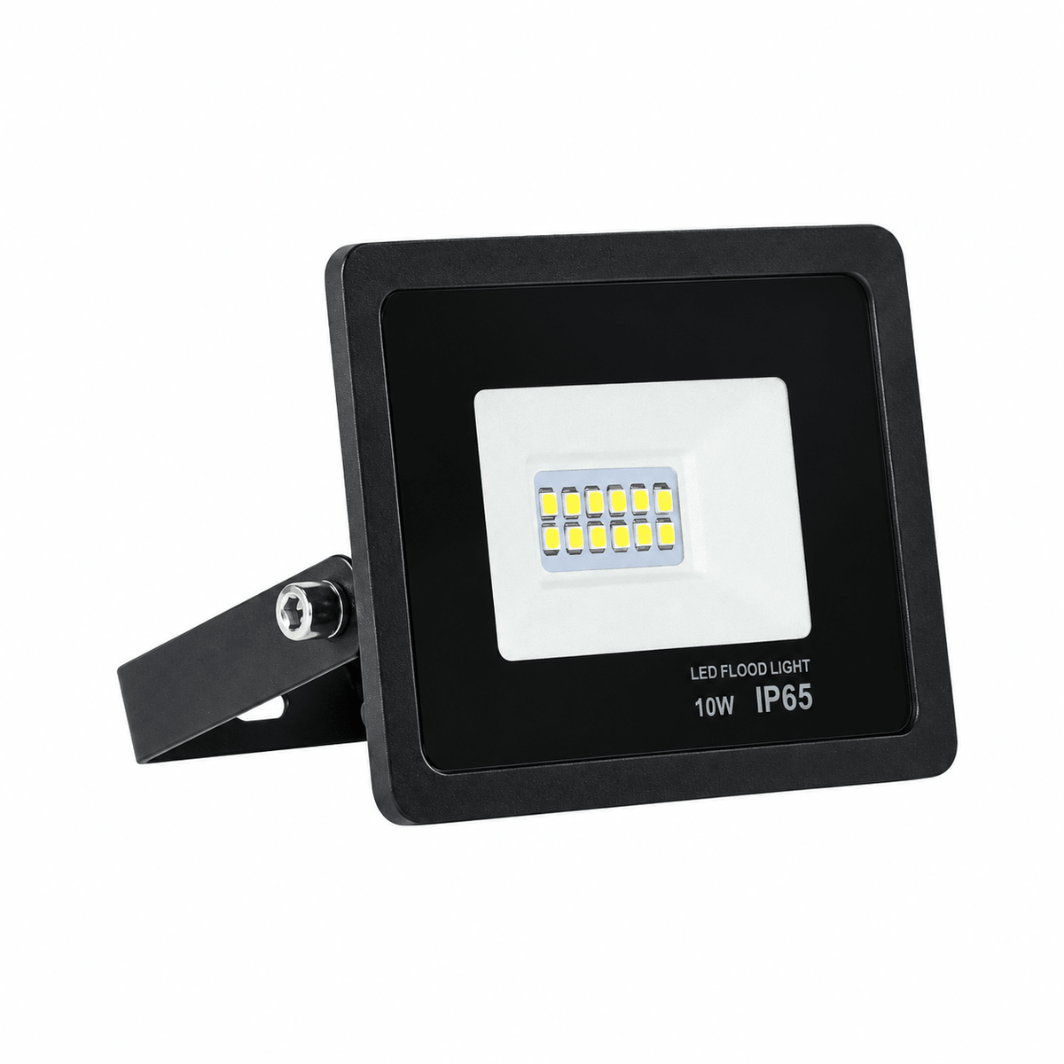 A black LED floodlight with a rectangular white lens, mounted on an adjustable bracket.