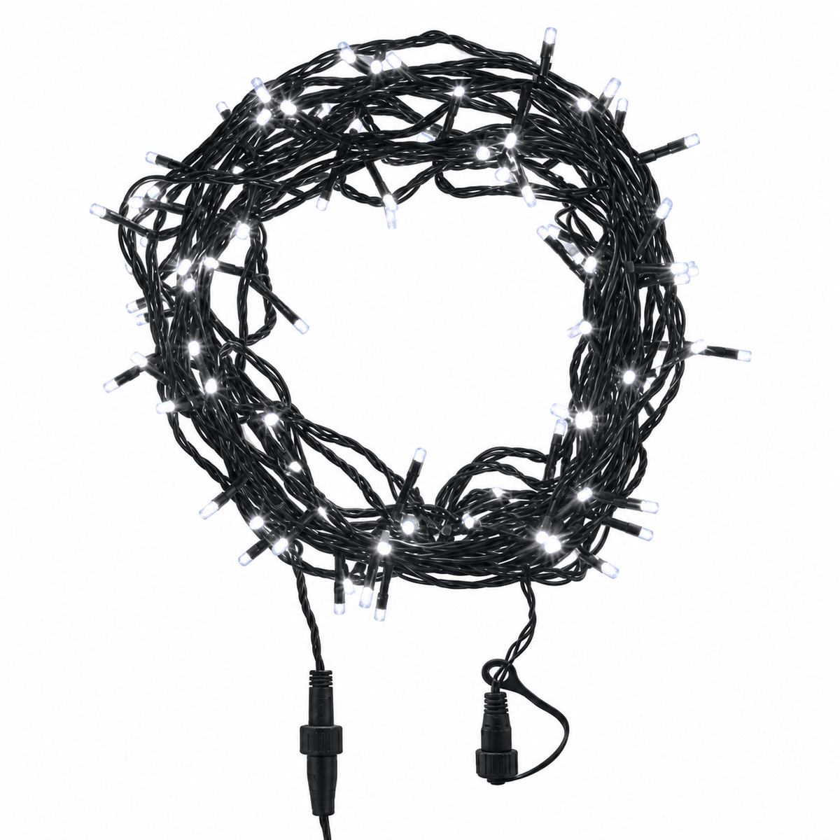 A tangled strand of LED fairy lights with a green cable, featuring multiple small, glowing bulbs.