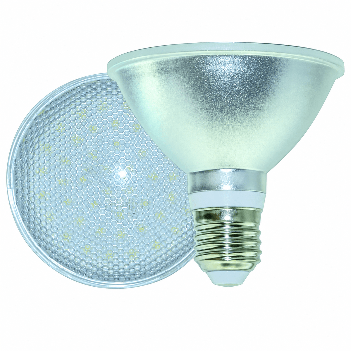 A yellow 9W PAR30 LED bulb with a silver reflective finish and a textured lens, positioned at an angle.