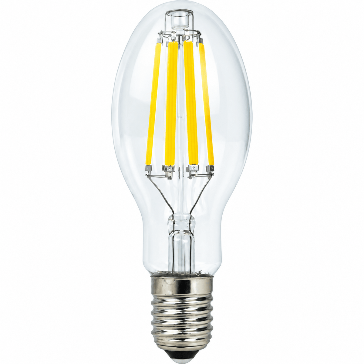 Clear glass LED bulb with a silver base and four vertical yellow filaments inside.
