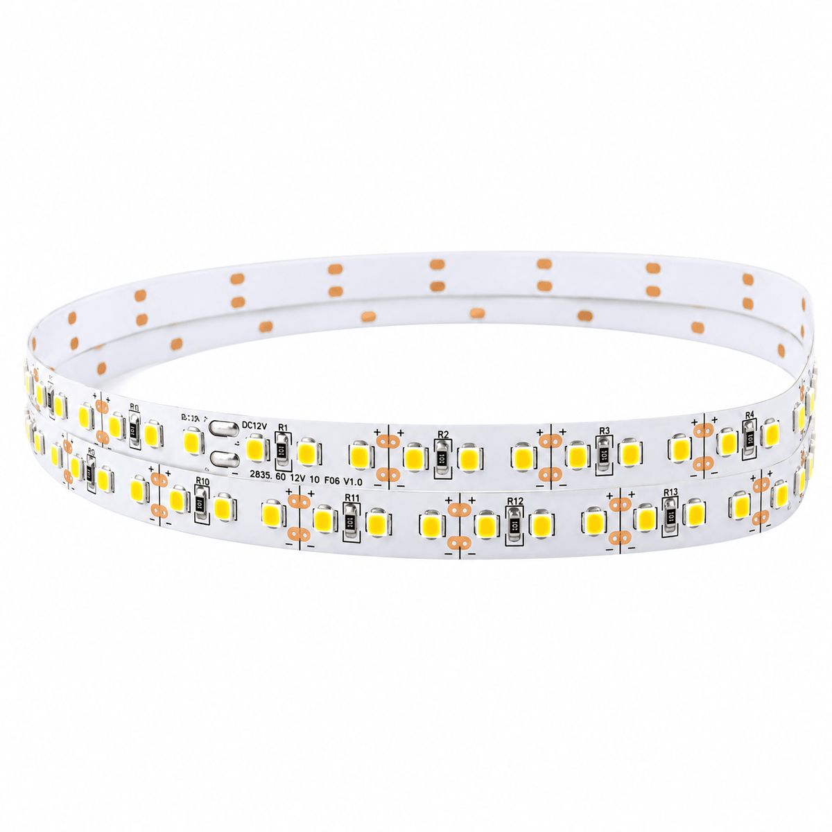 A coiled LED strip light with a white backing, featuring yellow LED lights and copper contact points.