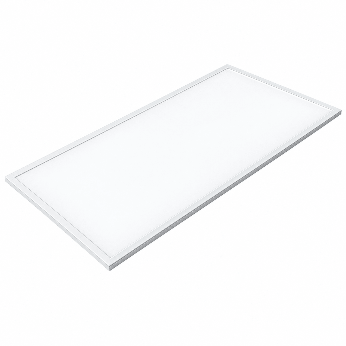 Back-lit LED panel with a white finish and a slim silver frame, positioned at an angle against a white background.
