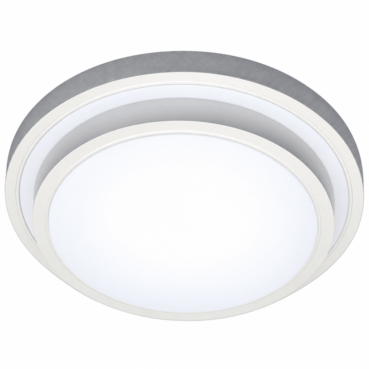 Stepped aluminium ceiling fitting with a circular design, featuring a white diffuser and a grey outer ring.