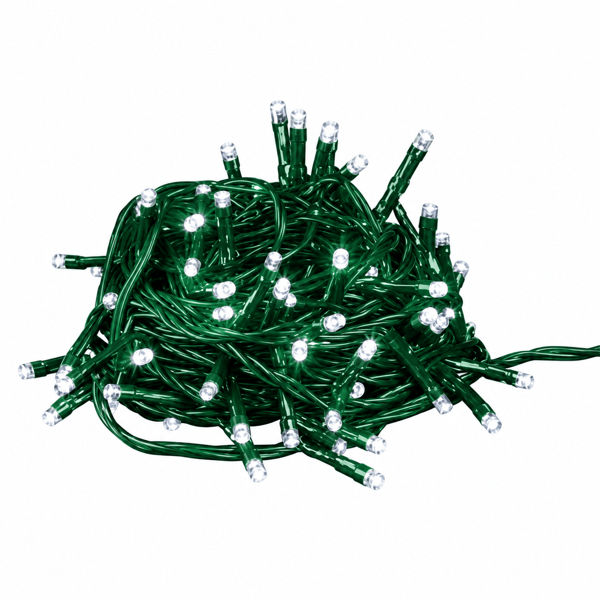 A tangled bundle of LED fairy lights with a green cable and multiple colored bulbs.