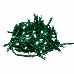 A tangled bundle of LED fairy lights with a green cable and multiple colored bulbs.