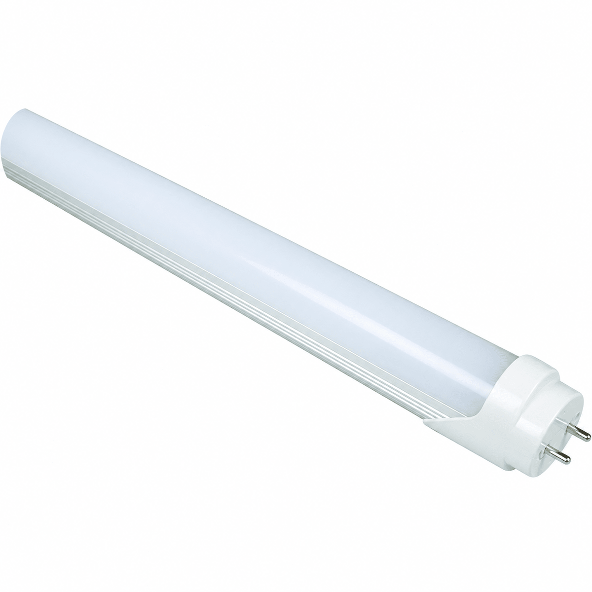 Frosted T8 LED tube light with a white plastic end cap and metal pins, positioned diagonally against a white background.