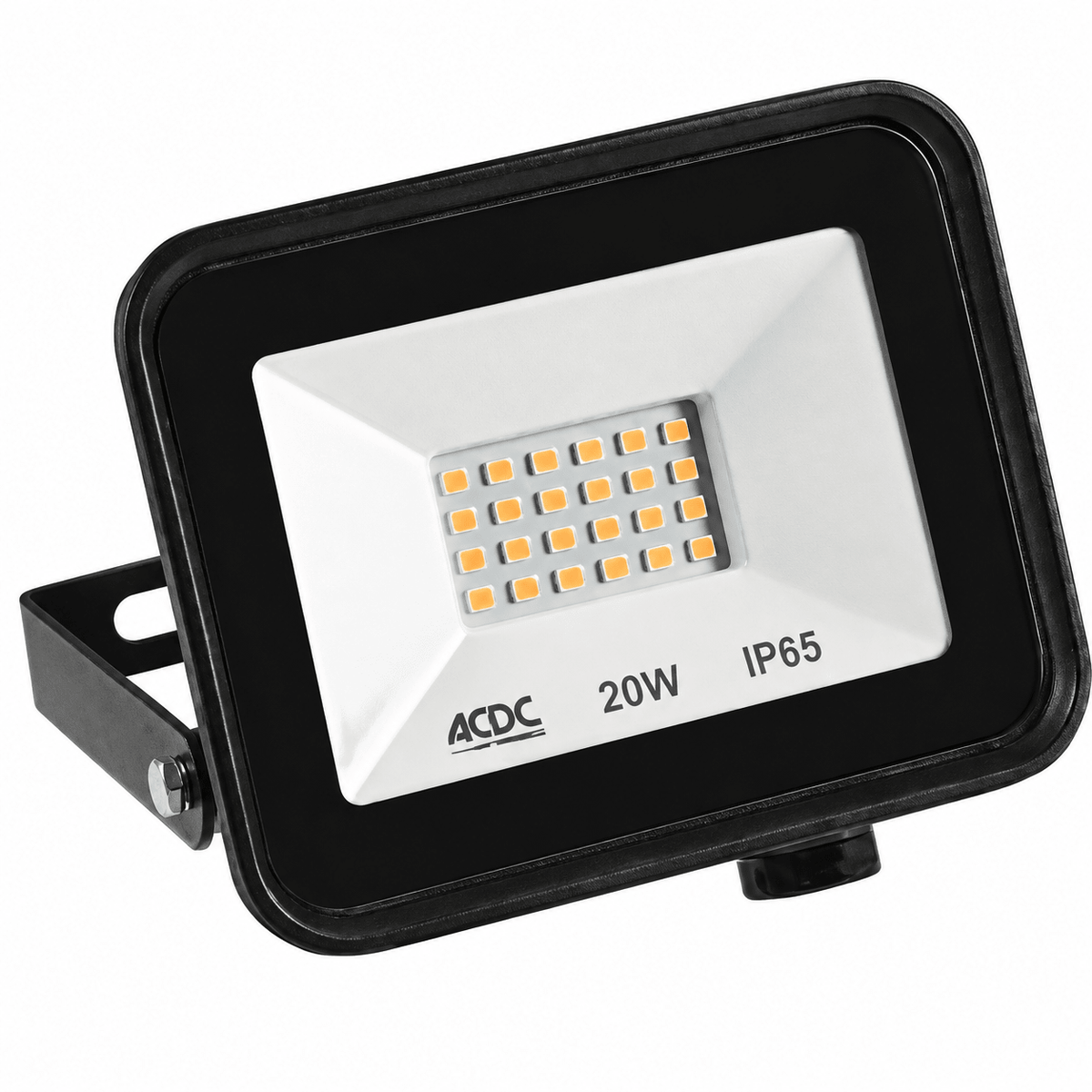 A rectangular LED flood light with a black frame and silver face, featuring multiple small light bulbs.