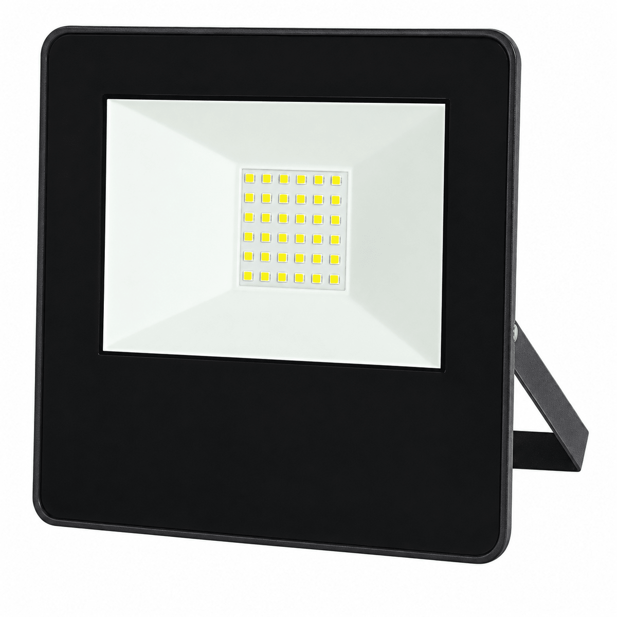 A black LED flood light with a square design, featuring a white lens and a grid of yellow LEDs inside.