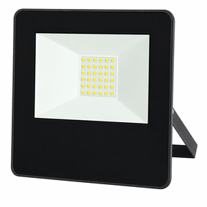 A black LED flood light with a square design, featuring a white lens and a grid of yellow LEDs inside.
