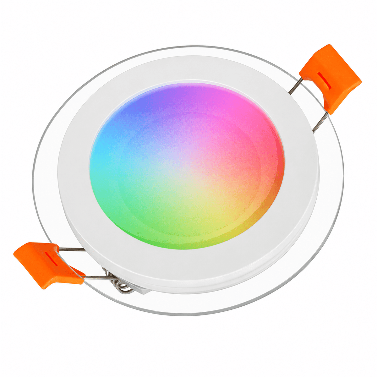 A round LED downlight with a white outer frame and a colorful gradient center, featuring orange clips.