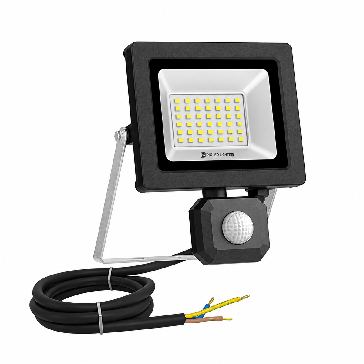 A black and white 30W Nano Evo Sensor IP65 floodlight with a motion sensor and attached power cable.