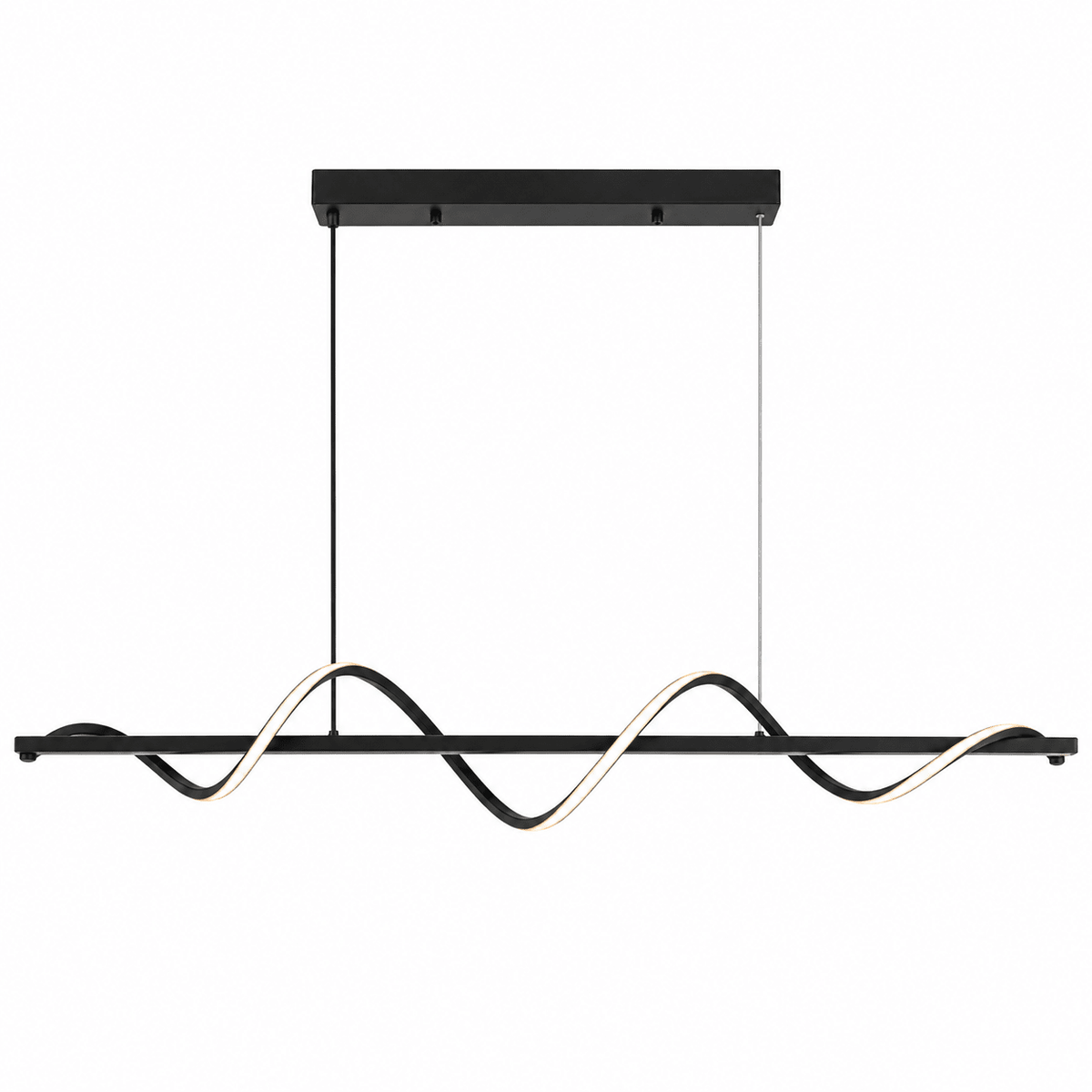 Black linear pendant light with a wavy design and warm LED accents, suspended from a rectangular ceiling mount.