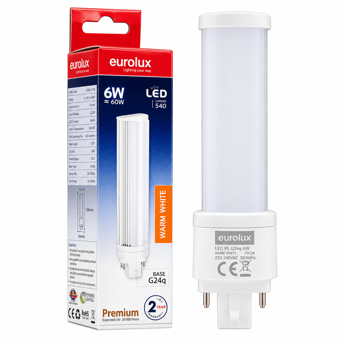 6W G24q LED PL Lamp, 3000K Warm White