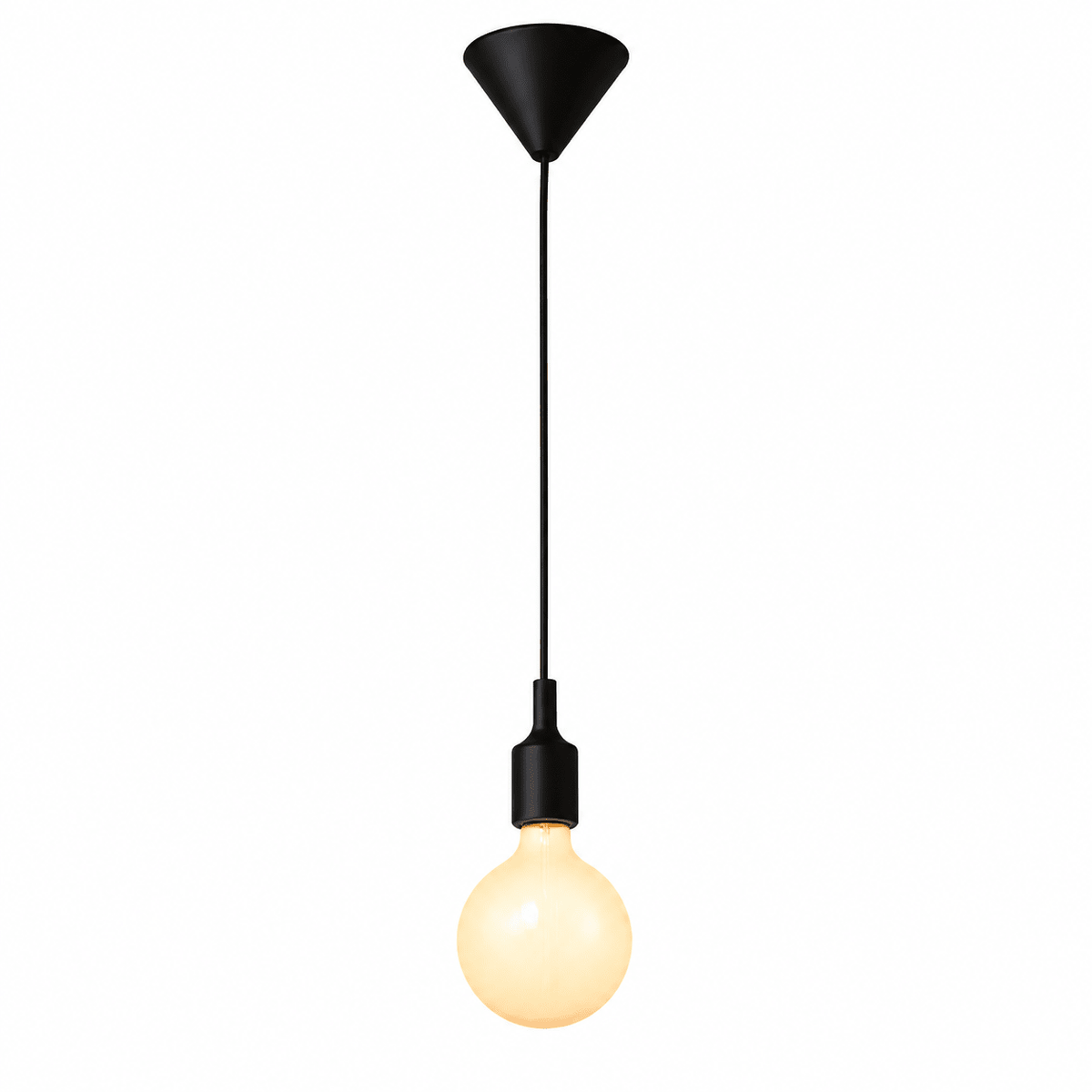 A black silicone LED pendant light hangs from a black ceiling mount, featuring a round, warm white bulb.
