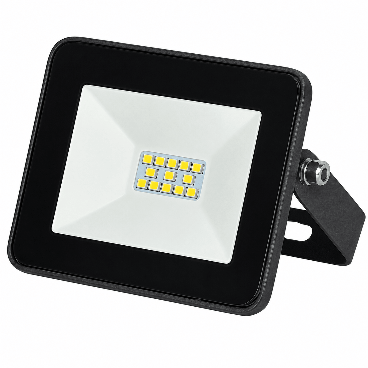A green LED flood light with a square white lens, black frame, and adjustable mounting bracket.