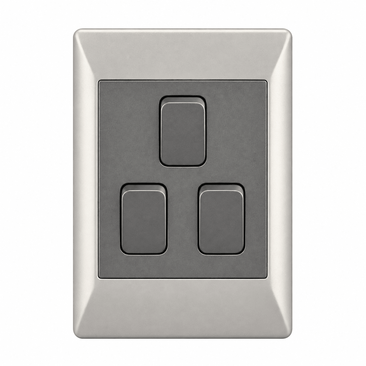 A rectangular, metallic switch plate with three dark buttons, two rectangular and one square, on a light background.