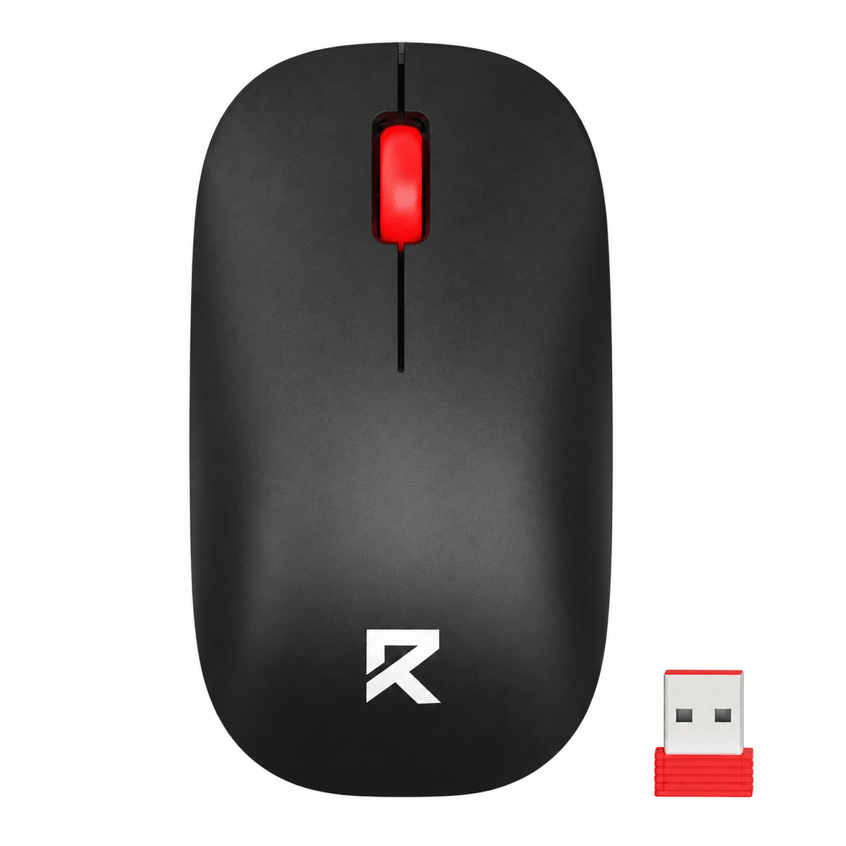 A black wireless optical mouse with a red scroll wheel and a USB receiver beside it, featuring a logo on the base.