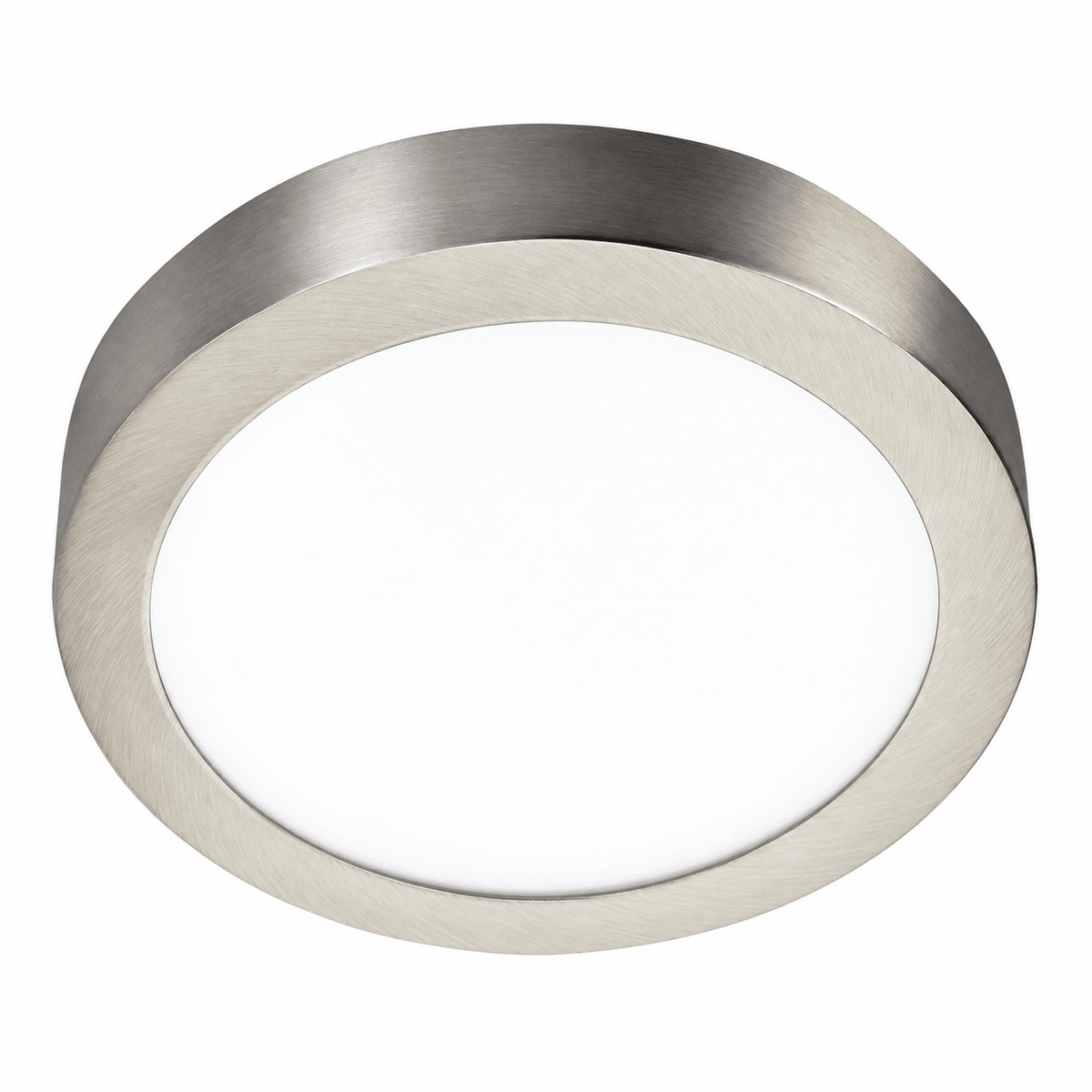 Round LED ceiling light with a satin chrome finish and a white diffuser, featuring a sleek, modern design.