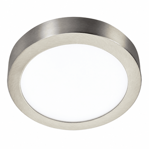 Round LED ceiling light with a satin chrome finish and a white diffuser, featuring a sleek, modern design.