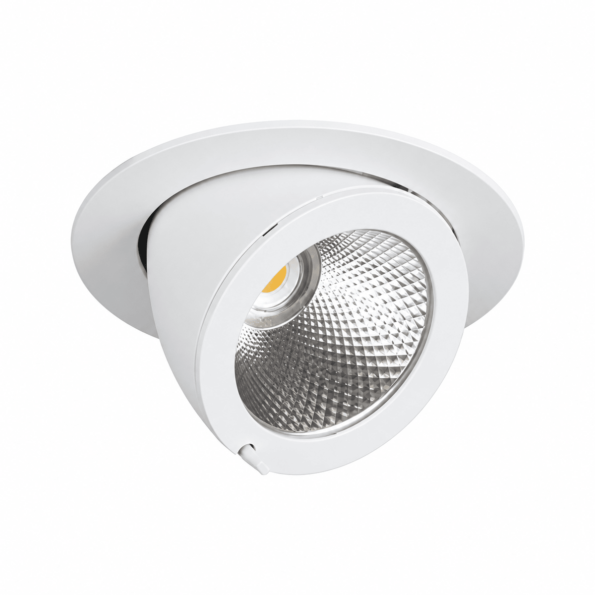 White LED downlight with a tilted design, featuring a textured reflector and a circular trim.