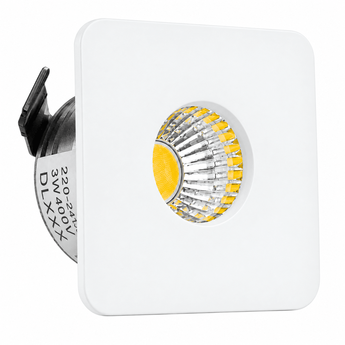 A square white LED down light with a circular lens, featuring a yellow center and reflective silver accents.