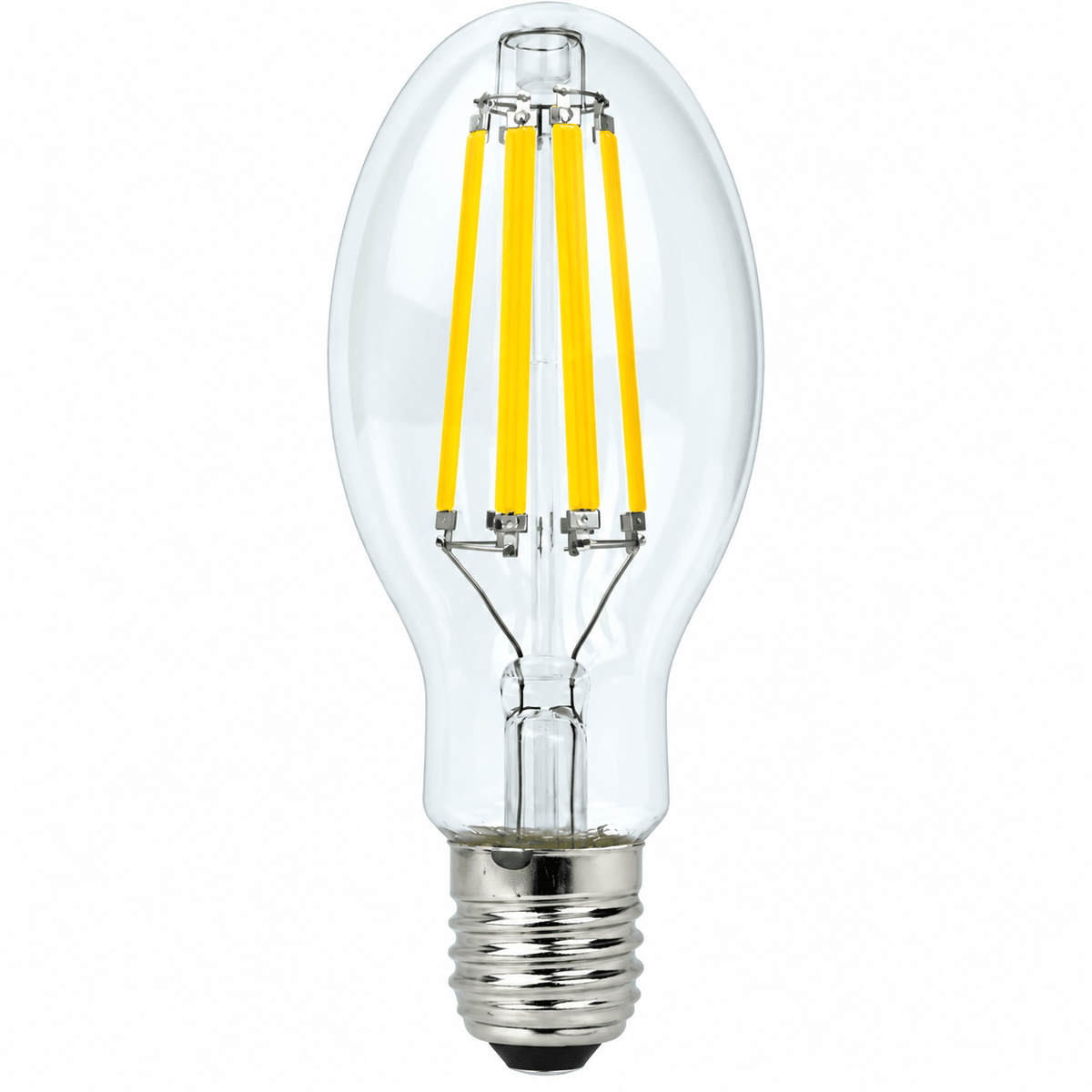 Clear glass LED bulb with a silver base and four yellow filaments inside, shaped like a traditional bulb.