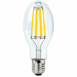 Clear glass LED bulb with a silver base and four yellow filaments inside, shaped like a traditional bulb.