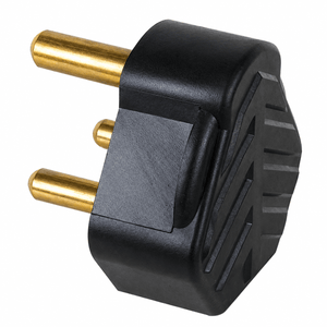 Black rubber standard plug top with two gold metal prongs, featuring a textured side and a smooth finish.