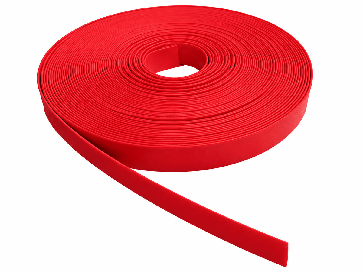 A roll of red heat shrink tubing, coiled with a smooth finish, displaying a vibrant color against a white background.