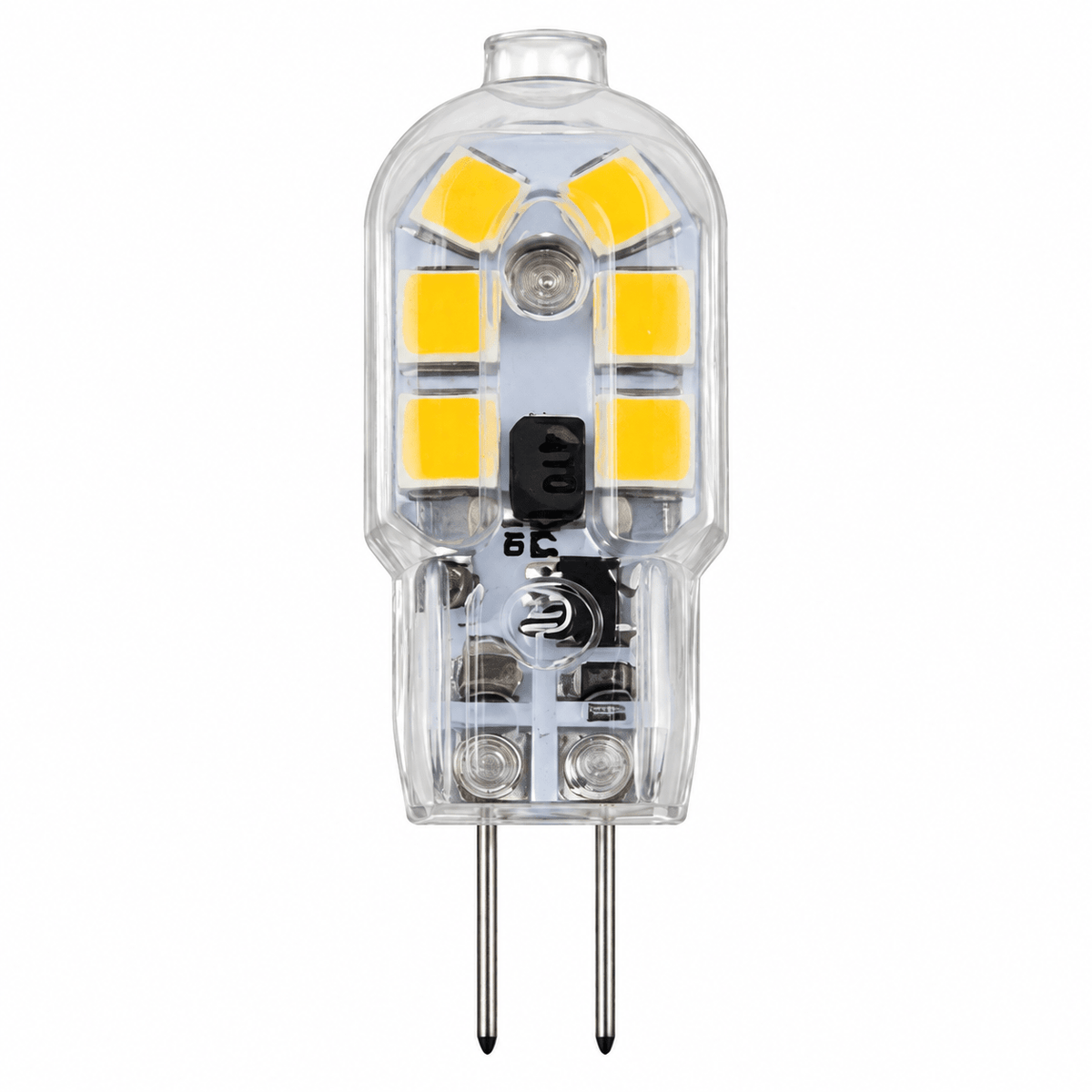 Clear G4 capsule LED bulb with two metal pins, featuring yellow LED chips and a transparent casing.